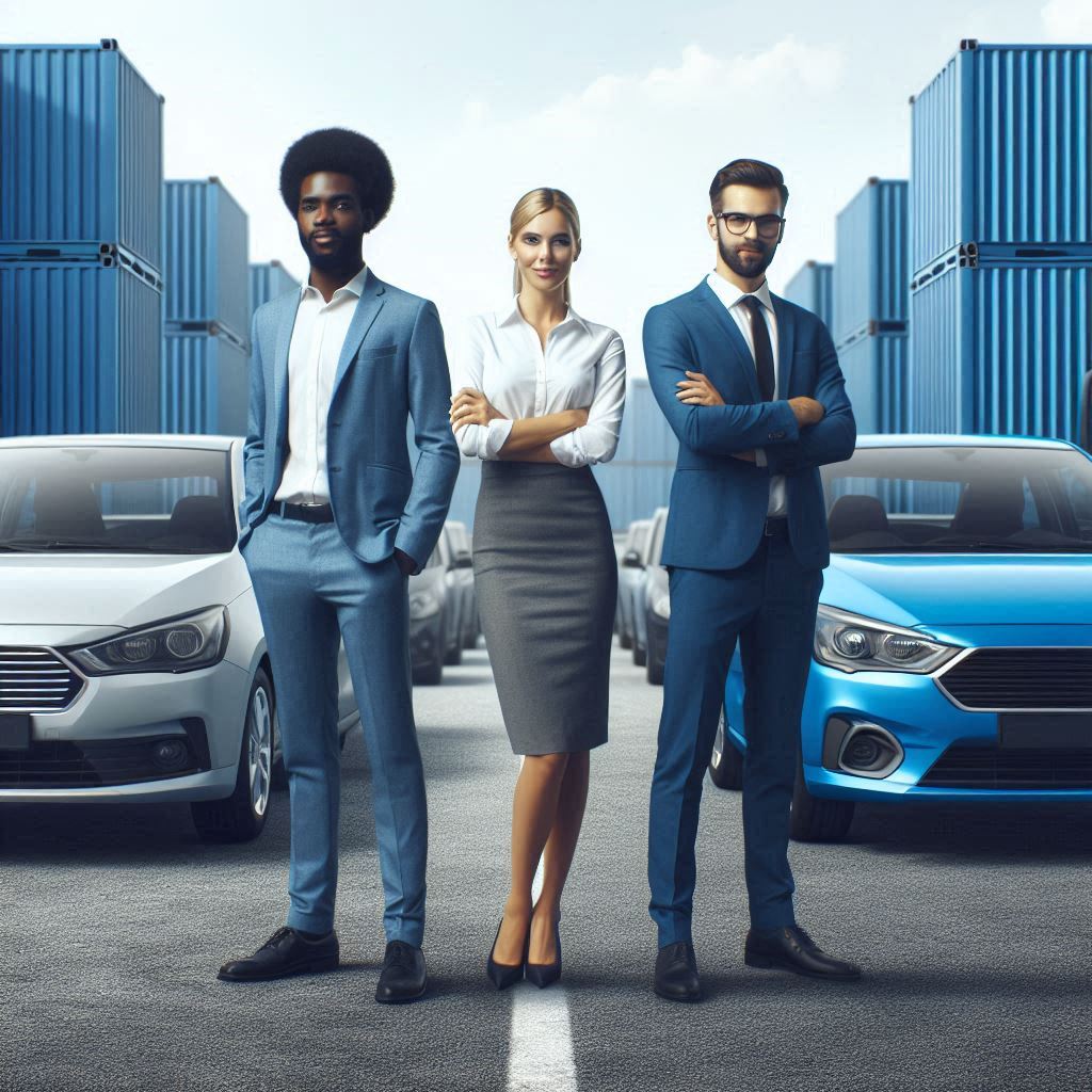 Black male and white female motor vehicle sales executives in front of unbranded passenger vehicles, mainly blue colors