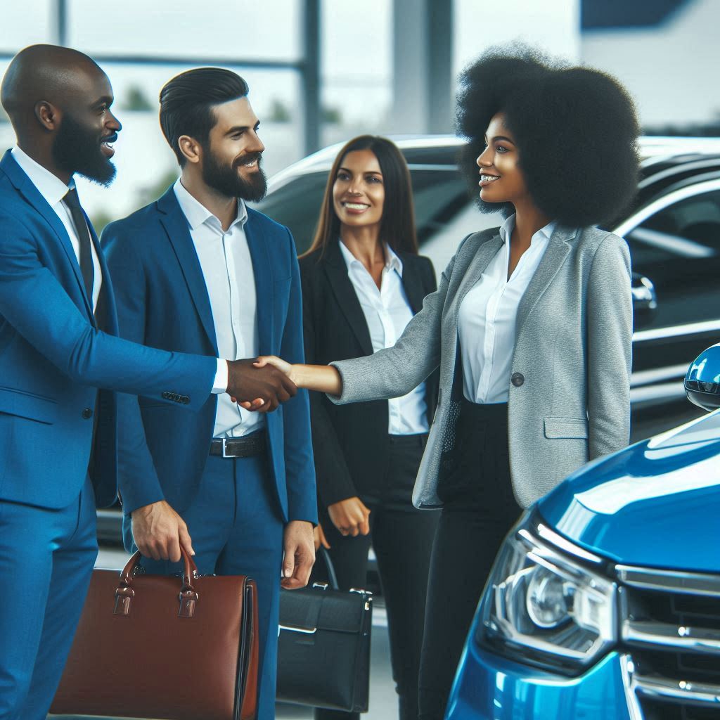 Male and Female motor vehicle sales executives in front of unbranded passenger vehicles, mainly blue colors